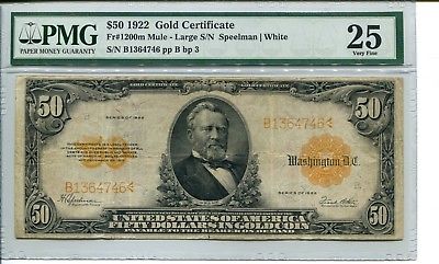 FR 1200m Mule 1922 $50 Gold Certificate 25 Very Fine
