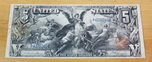 1896 $5 Fr 268 Educational Note Silver Certificate VF NET Tillman/Morgan