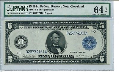FR 858 1914 $5 Cleveland Federal Reserve Note PMG 64 EPQ Choice Uncirculated