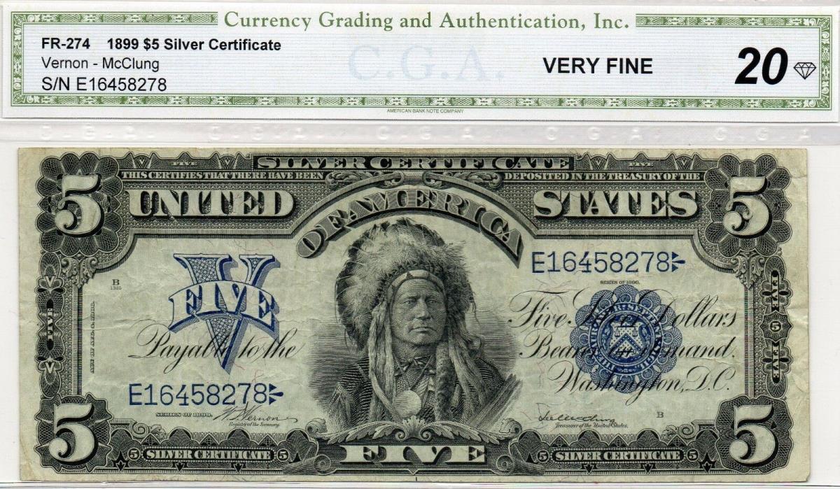 1899 $5 Silver Certificate FR 274 Graded Very Fine - Vernon & McClung Signatures