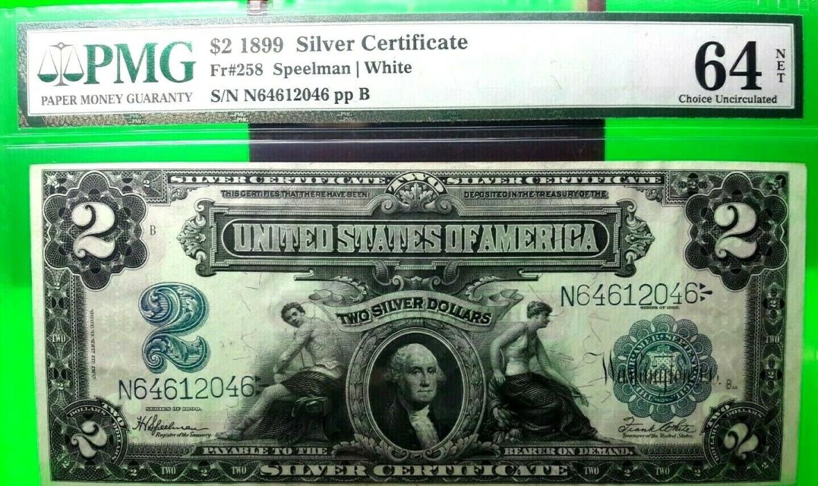$2 DOLLARS SILVER CERTIFICATE 1899 FR 258 USA PMG LUCKY MONEY VALUE $2500