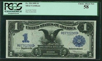 1899 $1 SILVER CERTIFICATE BLACK EAGLE, FR-228, ABOUT NEW, CERTIFIED PCGS-58