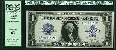 1923 $1 SILVER CERTIFICATE BANKNOTE FR238, CHOICE UNCIRCULATED CERTIFIED PCGS-63