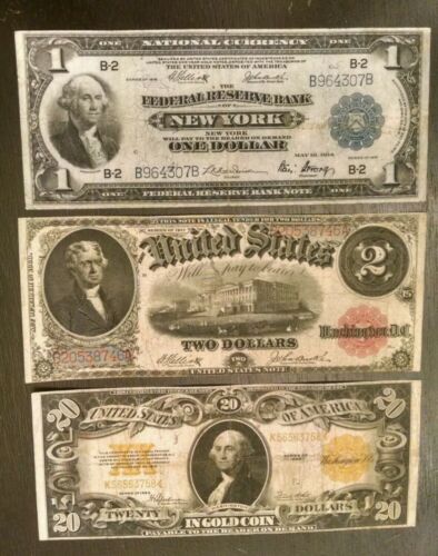 3 DIFFERENT LARGE SIZE NOTES: 1922 $20 GOLD CERTIFICATE, 1917 $2, 1918 $1 SILVER