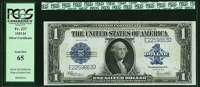 1923 $1 SILVER CERTIFICATE BANKNOTE FR237 GEM UNCIRCULATED CERTIFIED PCGS-CU65
