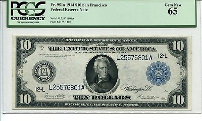 FR 951a 1914 $10 San Francisco Federal Reserve Note 65 GEM NEW