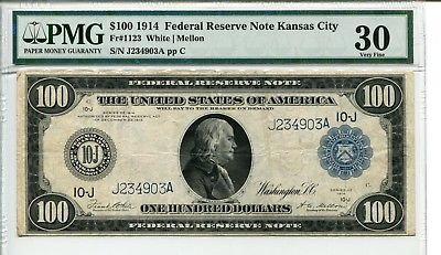 FR 1123 1914 $100 Kansas City Federal Reserve Note PMG 30 Very Fine