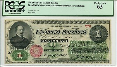 FR 16c 1862 $1 Legal Tender PCGS 63 Choice New - LOW SERIAL NUMBER 