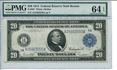 FR 967 1914 $20 Boston Federal Reserve Note 64 EPQ  Choice Uncirculated