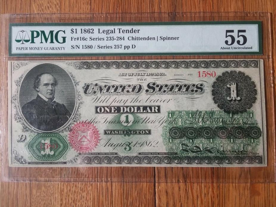 1862 $1 LEGAL TENDER FR# 16c PMG55 ABOUT UNCIRCULATED  (RARE) WELL CENTERED