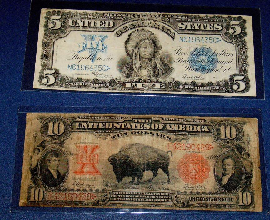 Two 1899 INDIAN CHIEF $5 FIVE Silver Certificate & TEN $10 BISON Buffalo Note