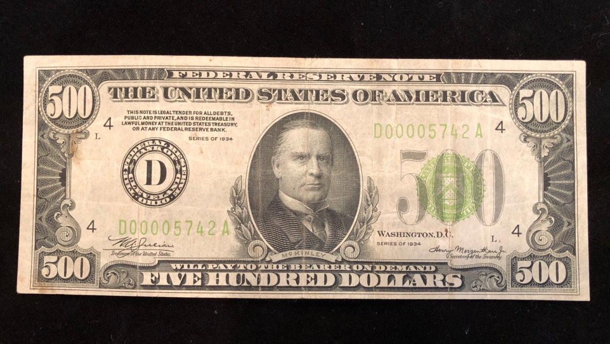 4-  $500.00 NOTE, $5.00 1899 CHIEF SILVER CERT, $2.00 SILVER CERT, 1917 $1.00