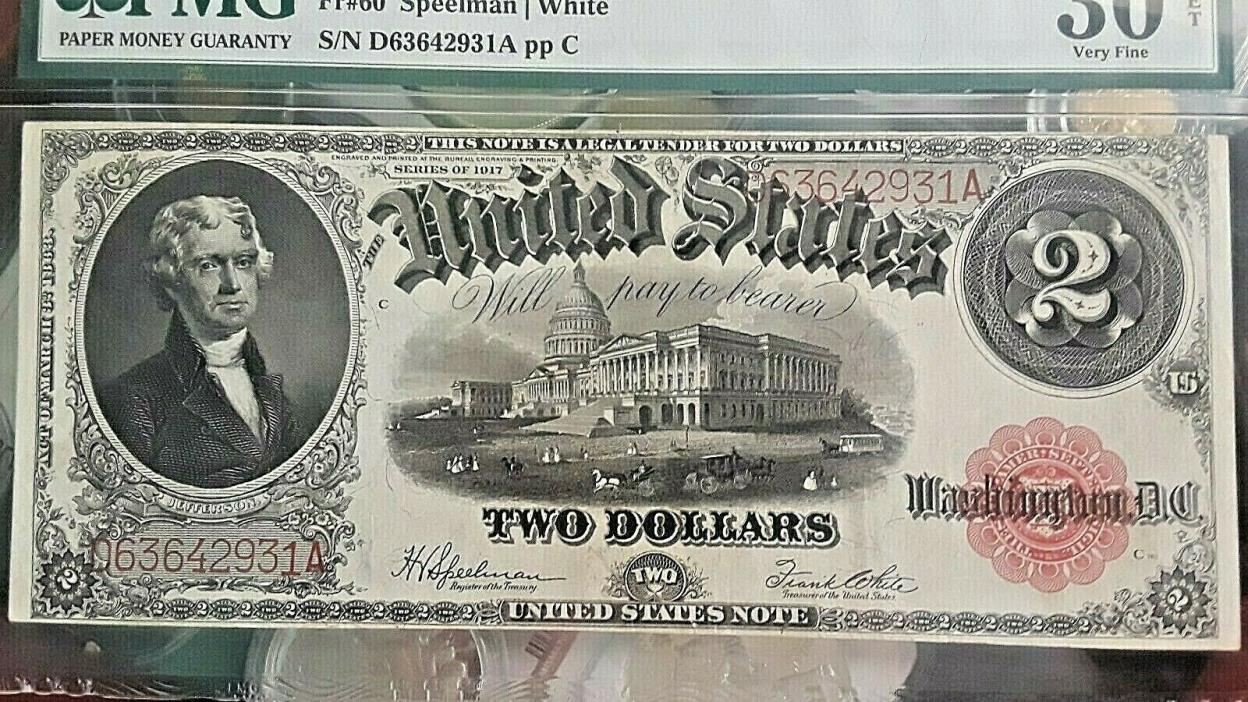 1917 $2 TWO DOLLARS LEGAL TENDER UNITED STATES NOTE FR. 60 PMG VERY FINE-30