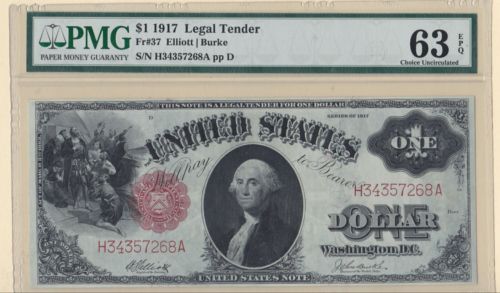 FR 37 1917 $1 Dollar US Note Legal Tender Elliott/ Burke PMG 63 CHOICE UNC EPQ