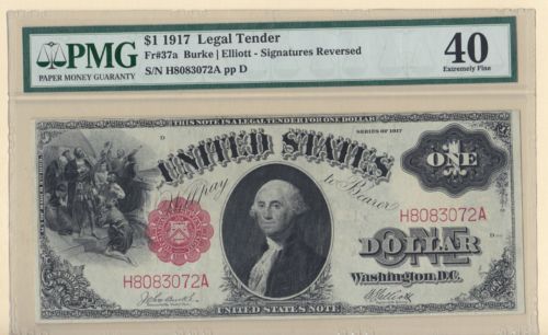 FR 37a 1917 $1 Dollar US Note Legal Tender REVERSE SIGNATURES PMG 40 XF