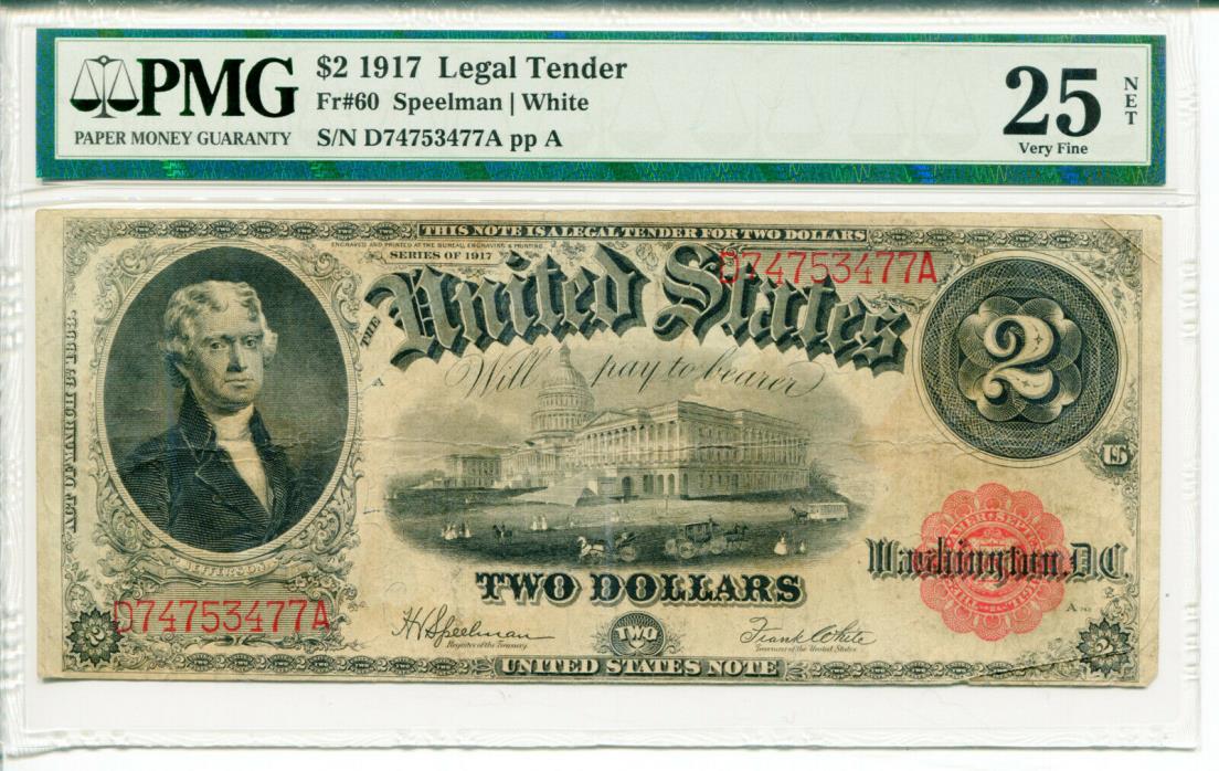 1917 $2 Legal Tender Note FR#60 PMG VF25 Very Fine 25