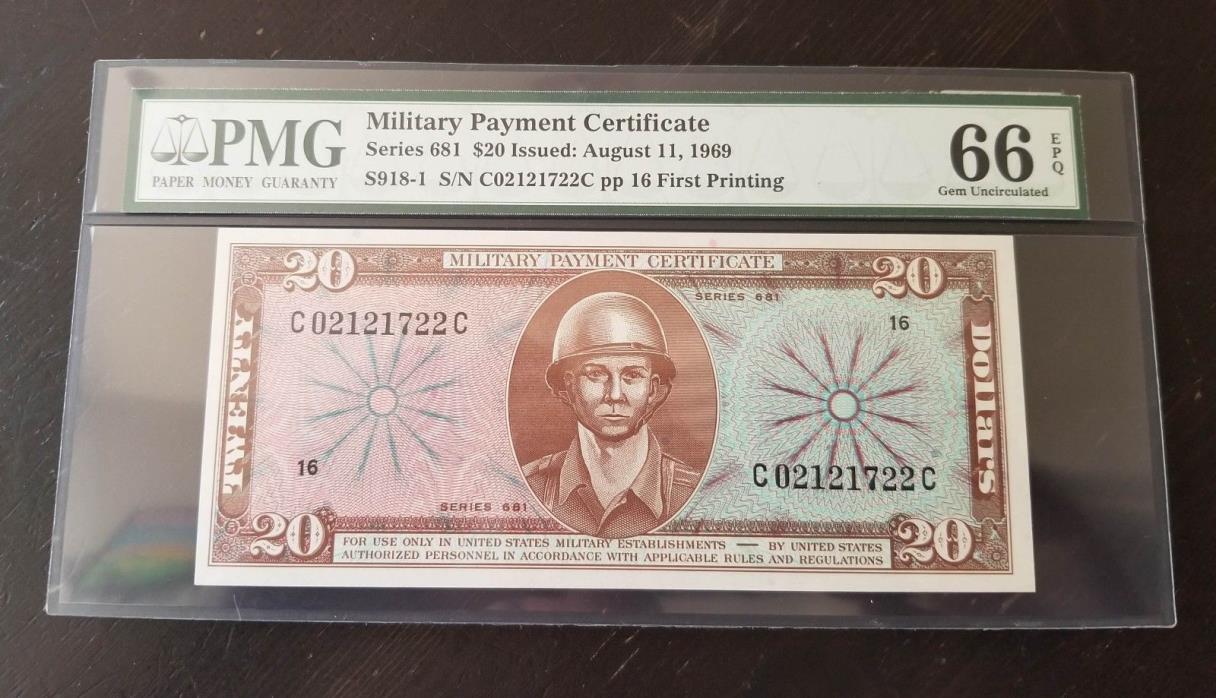 Series 681 $20 - PMG 66 EPQ - Military Payment Certificate (MPC) - First Print
