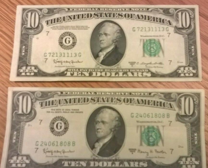 Lot of 2 $10 Federal Reserve Notes - 1963 A & 1950 D