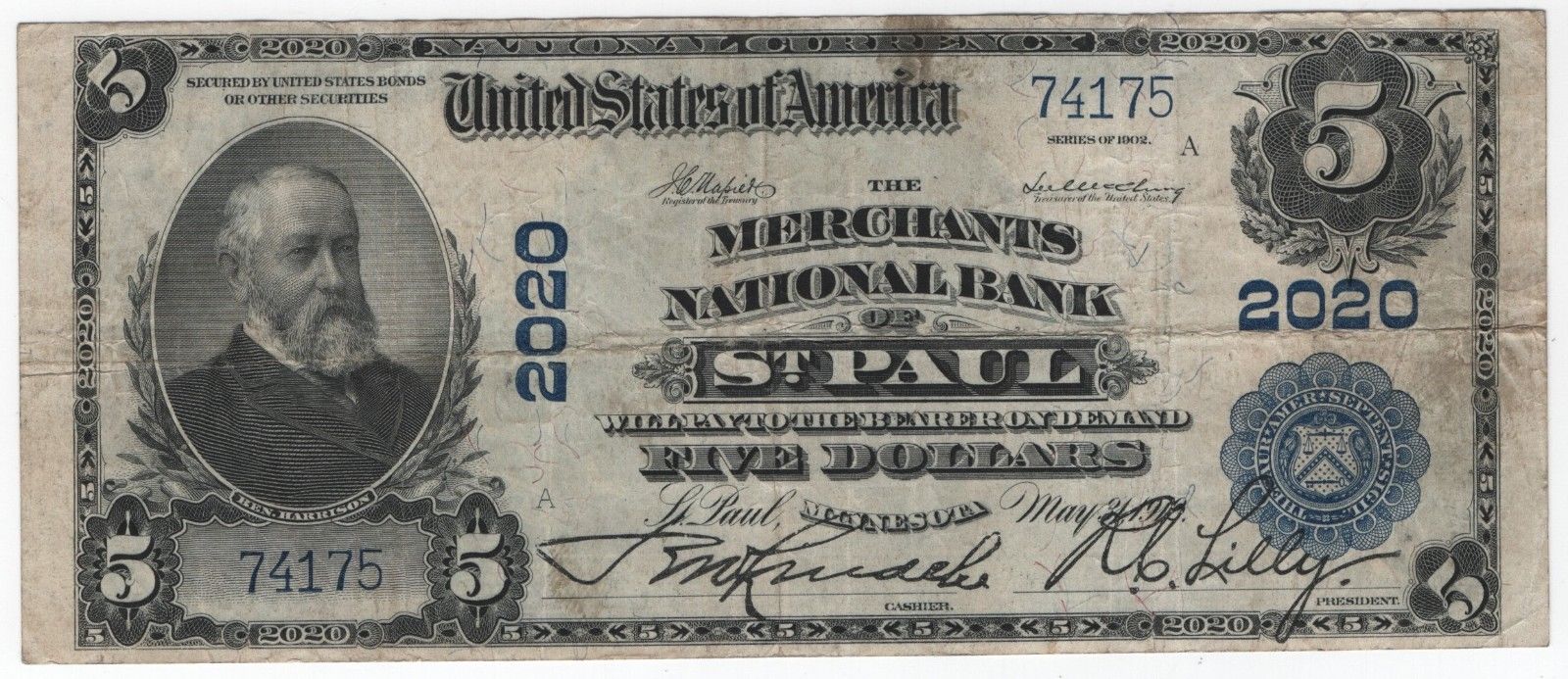 1902 PB $5 Merchants National Bank St.Paul Minnesota National Banknote Choice VF