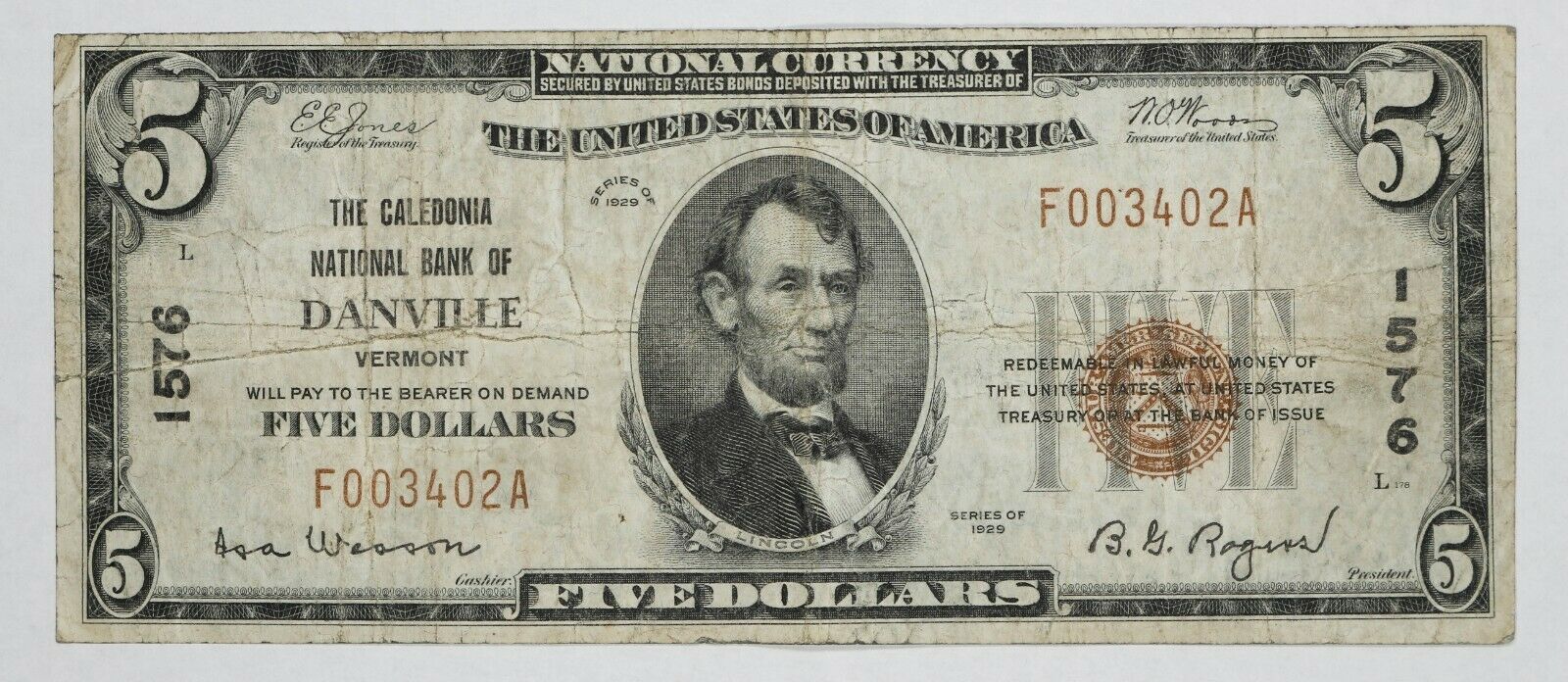 SERIES 1929 T1 NATIONAL BANKNOTE $5 DANVILLE VERMONT - CIRCULATED F FINE (402A)