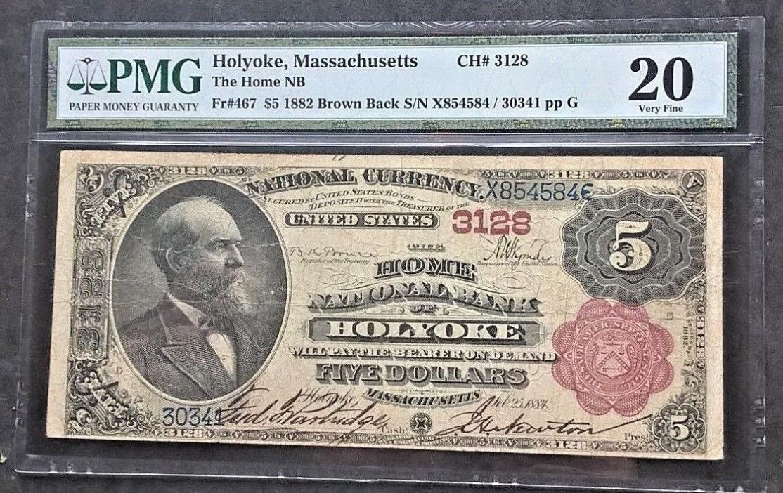 1882 Large $5 Fr.467 Home National Bank HOLYOKE Massachusetts CH#3128 PMG VF20