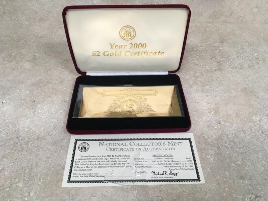 National Collector's Mint Year 2000 $2 GOLD CERTIFICATE w/ presentation box