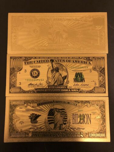 3Pcs(2 X$1,000,000 //1 X$1,000,000,000)USA Dollar $ Gold Plated Bills(banknotes)