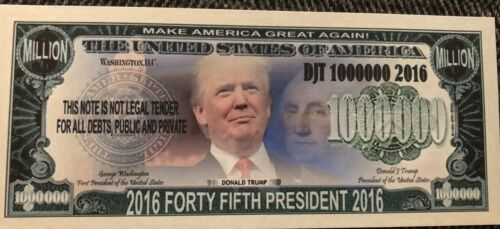President Donald Trump Money One Million Dollar Bill Novelty DJT 10000002016 FUN