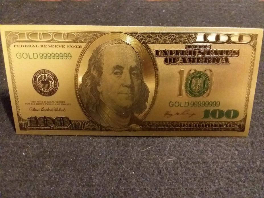 24K GOLD FOIL PLATED $100 DOLLAR BILL BANKNOTE NOVELTY ITEM COMES W/SLEEVE