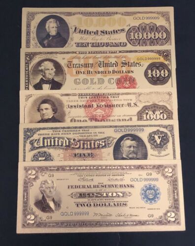 5 Pcs ($2,$5,$100,$1000,$10000 )USA Dollar $ Gold Plated Bills(banknotes)