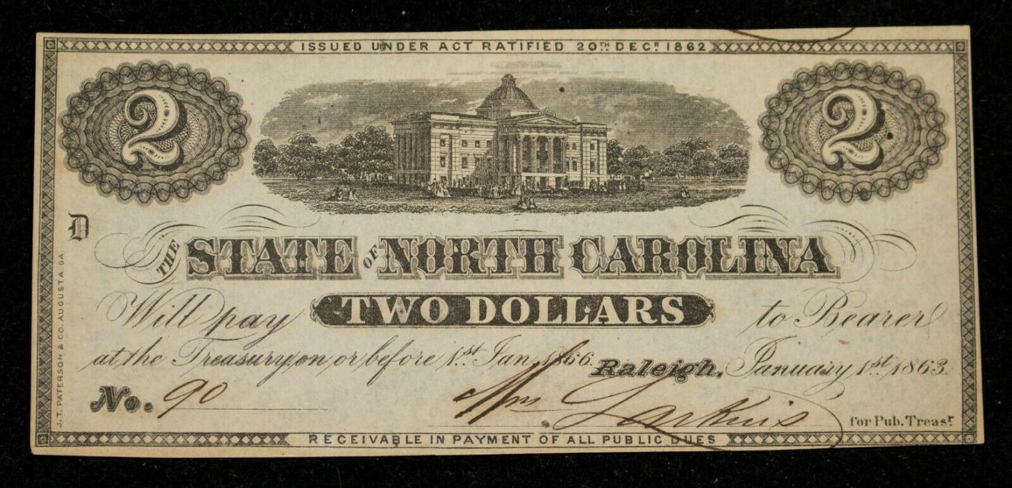 1863 State of North Carolina Two (2) Dollar Civil War Obsolete Note Item#J3997