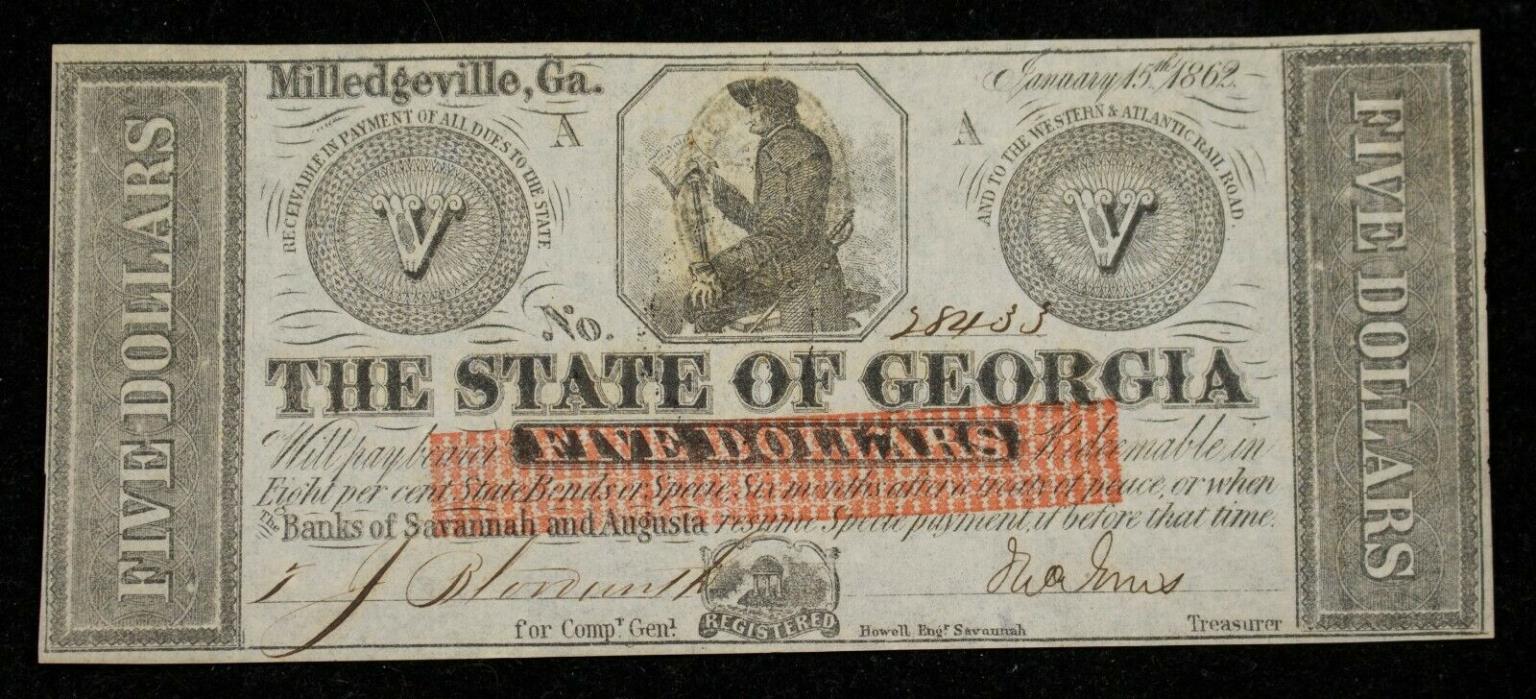 1862 Milledgeville State of Georgia Five (5) Dollar Obsolete Currency Item#J3989