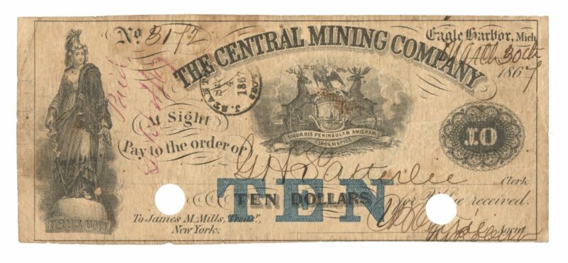1864 $10 Central Mining Company Obsolete Note, Eagle Harbor, Michigan