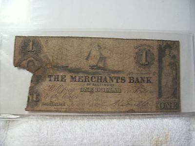 Obsolete Authentic The Merchants Bank $1 Currency Note 1862 Baltimore Maryland