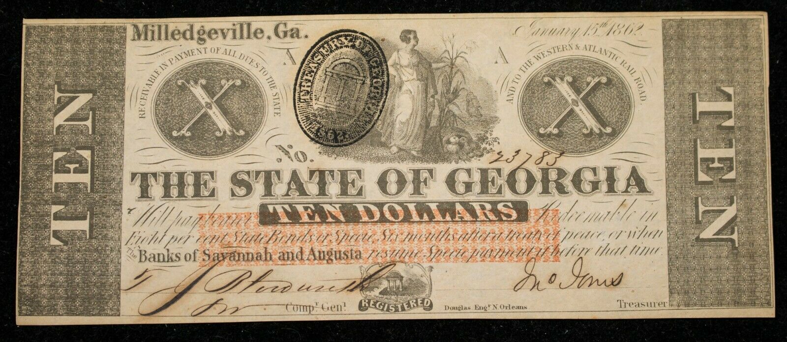 1862 Milledgeville State of Georgia 10 Dollars Obsolete Currency Item#J3987