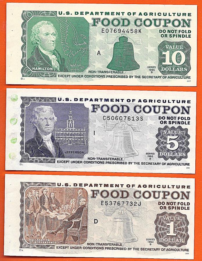 FOOD STAMP COUPON  GEM UNC THREE COUPONS $10. $5. $1. with book end tab USDA