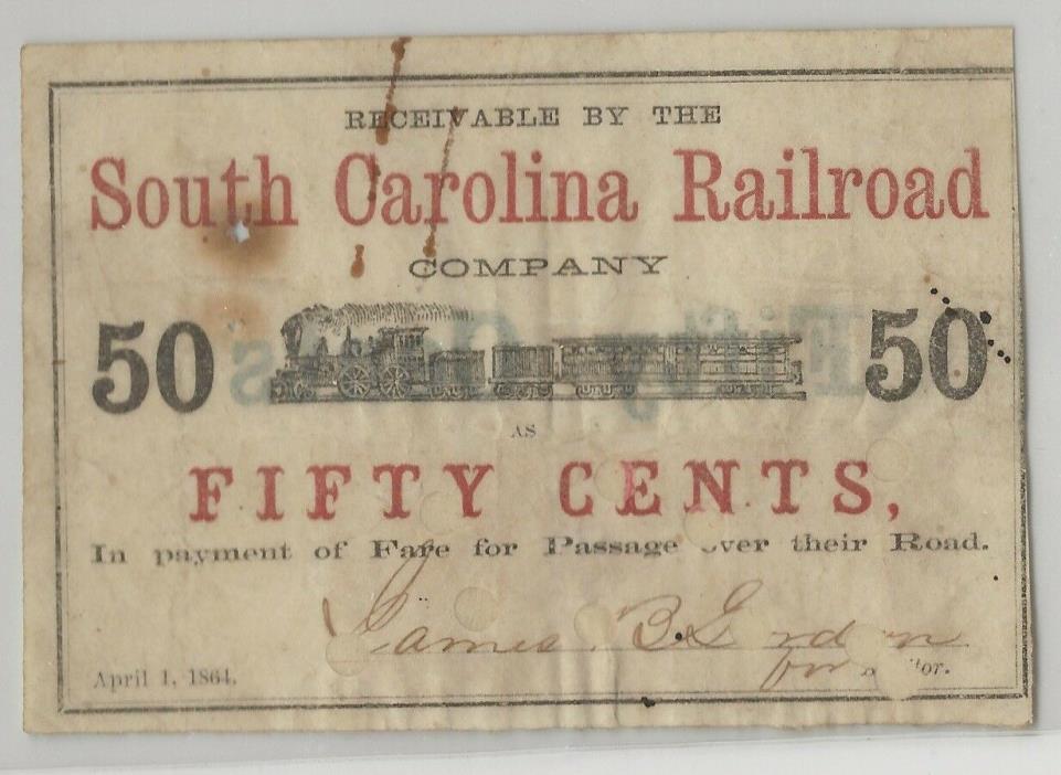 South Carolina Railroad, $0.50, of 1864 issue.