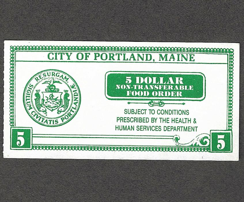 Portland,Maine  $5.00  DEPRESSION SCRIP FOOD ORDER COUPON STAMP
