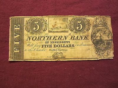 1862 $5 The Northern Bank Of Mississippi Holley Springs Unsigned