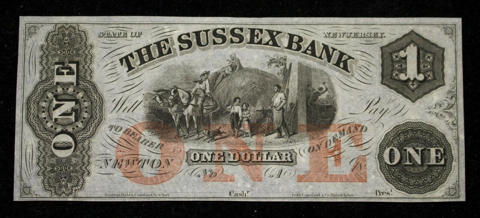 Sussex Bank State of New Jersey One Dollar Remainder Obsolete Note Item#J4003