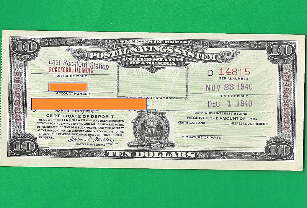 Postal Savings System Certificates Series 1939 $10 Rockford, Illinois # D 14815