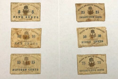 SET South Carolina of 5,10,15,25,50 & 75 Cents Notes Civil War Confederate Money