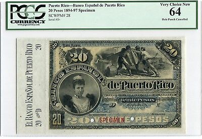 Puerto Rico Specimen 20 Pesos 1894-97, PCGS Very Choice New 64