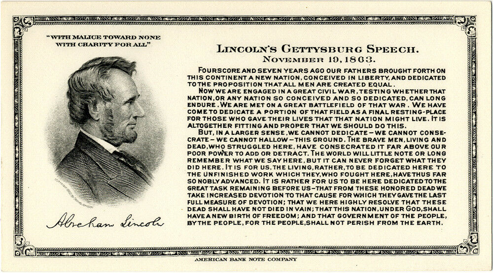 American Bank Note Co. Advertising Card w/ Abraham Lincoln Gettysburg Address