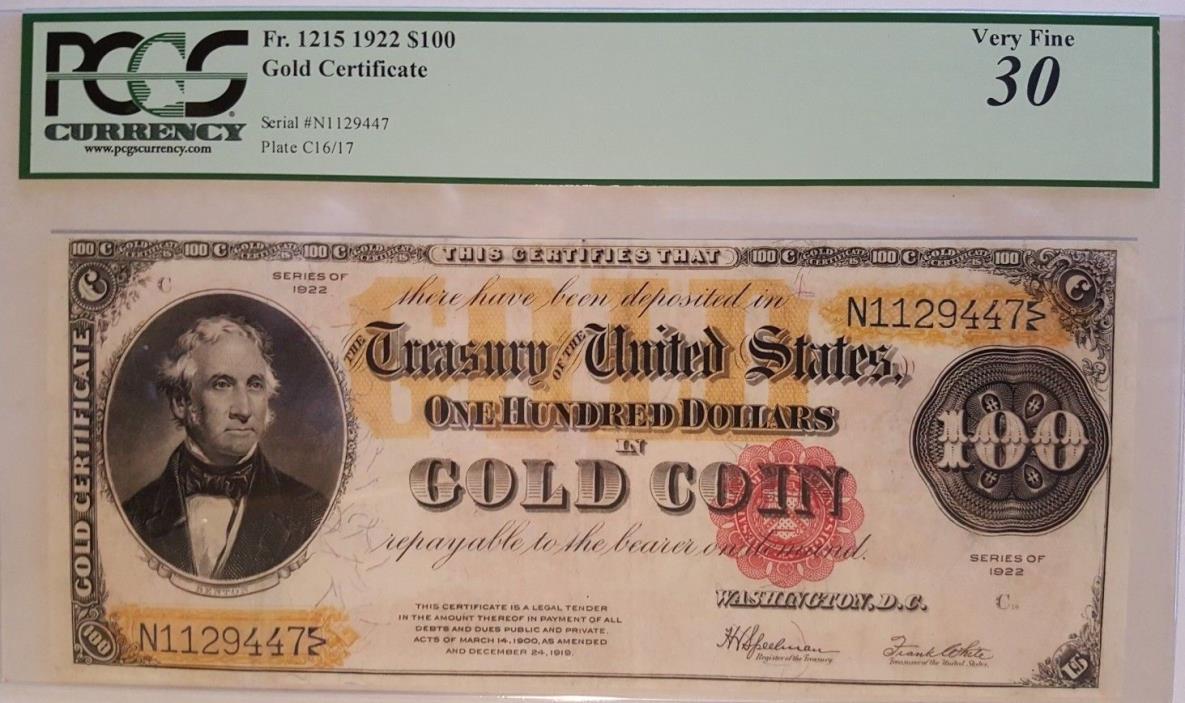 Fr. 1215. 1922 $100 Gold Certificate. PCGS Currency Very Fine 30