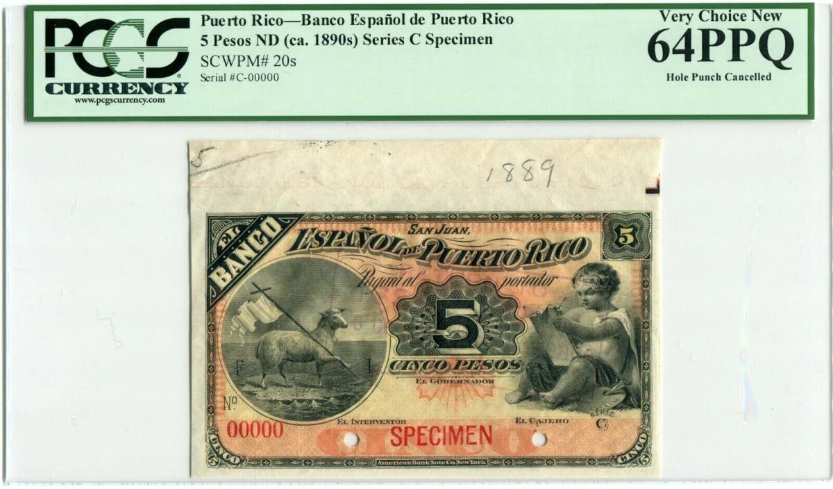 Puerto Rico P20s Specimen 5 Pesos 1889, PCGS Very Choice New 64 PPQ