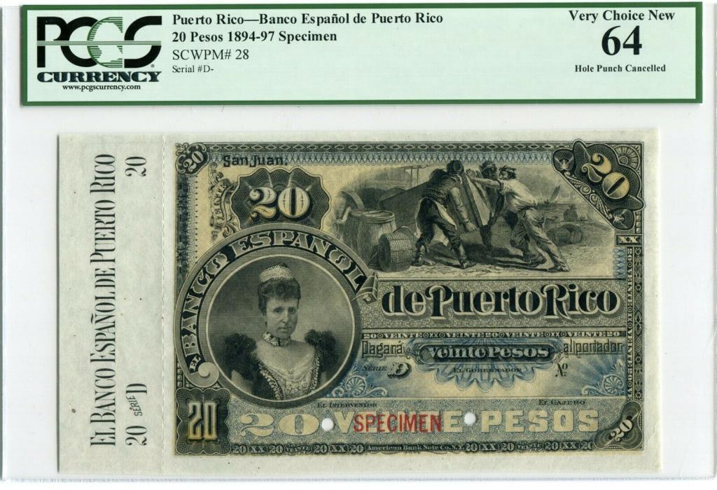 Puerto Rico P28s Specimen 20 Pesos 1894-97, PCGS Very Choice New 64