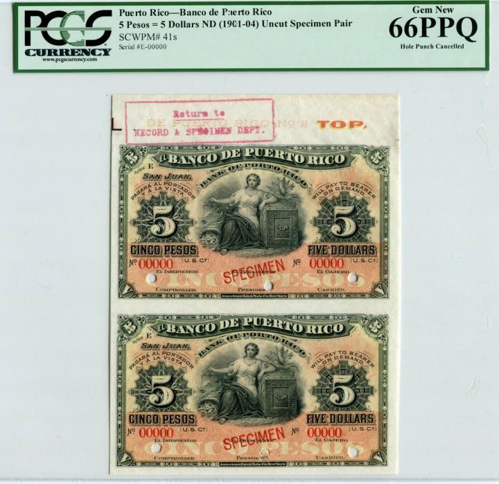 Puerto Rico P41s Specimen PAIR $5 / 5 Pesos 1901-04,  PCGS Gem New 66 PPQ