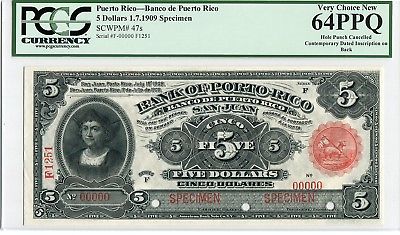 Puerto Rico Specimen $5 1909, PCGS Very Choice New 64 PPQ
