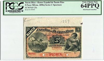 Puerto Rico Specimen 5 Pesos 1889, PCGS Very Choice New 64 PPQ